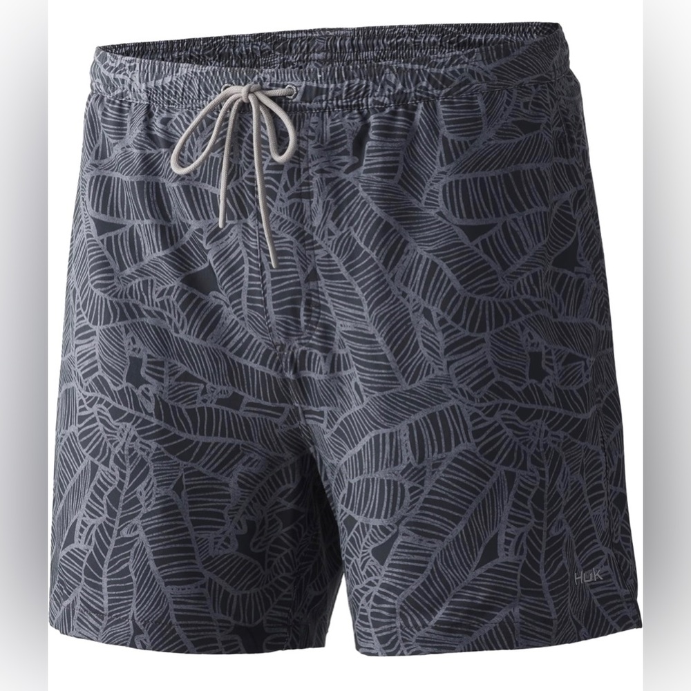 NWT Huk Men's Performance Fishing Shorts- Linear Leaf Volcanic Ash Lined Volley